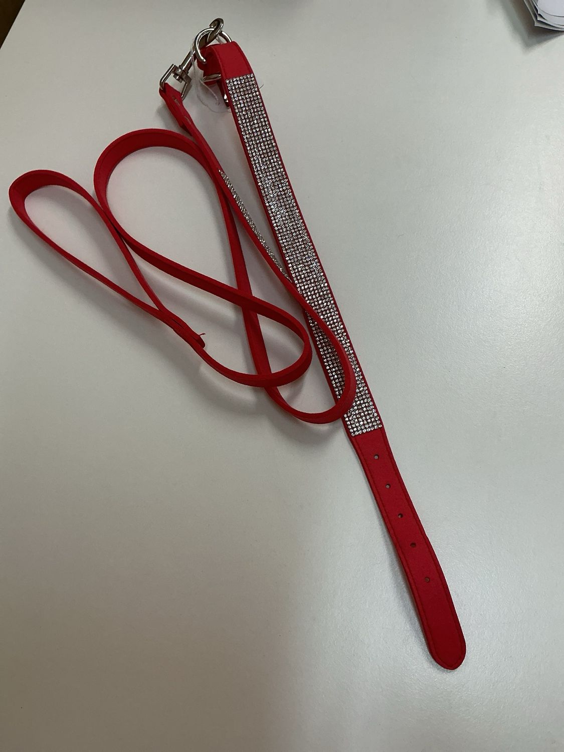 Halsband en leiband set rood met steentjes maat 40 cm