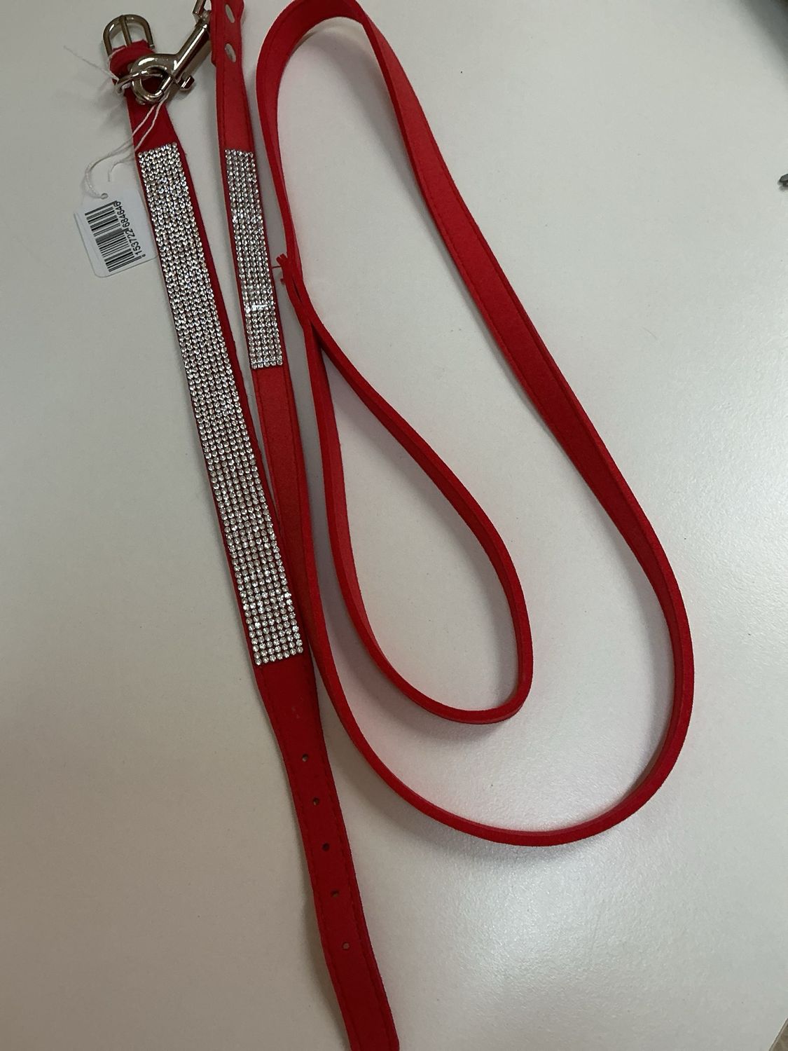 Halsband en leiband rood met steentjes maat 35 cm