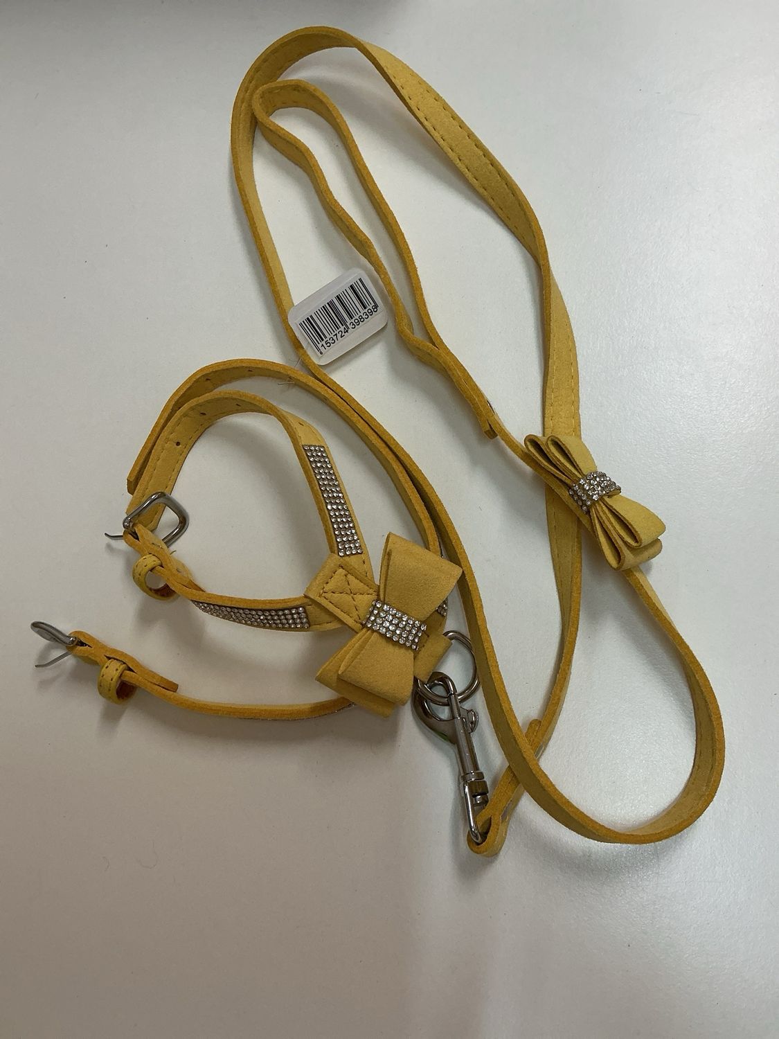 Halsband en leiband geel 20cm met strikjes en steentjes