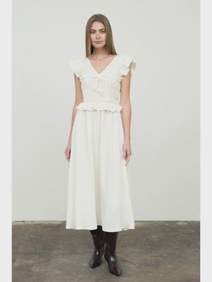 Ivory Shirred Ruffle Midi Dress
