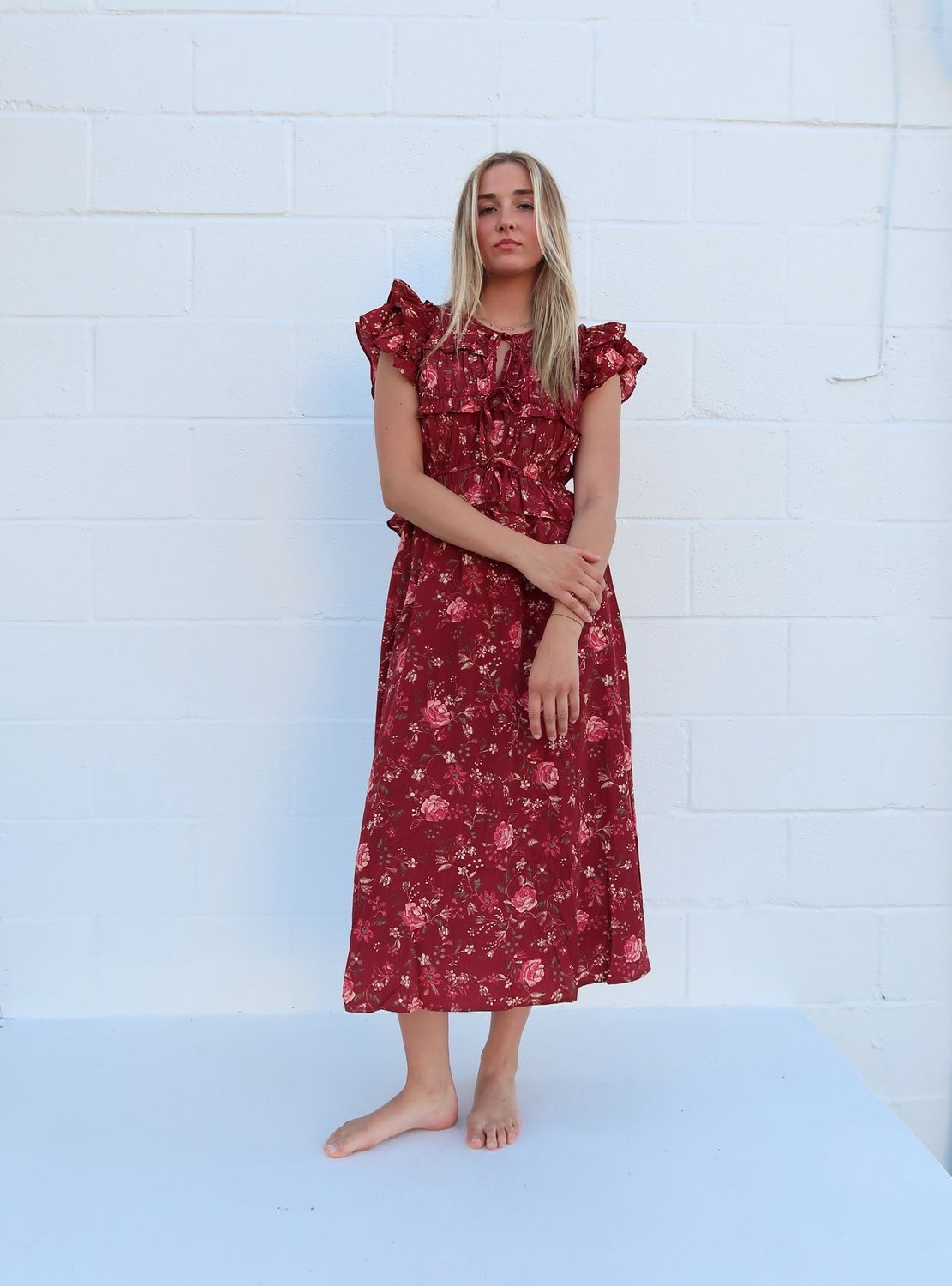 Moon River Ruffle Detail Midi Dress