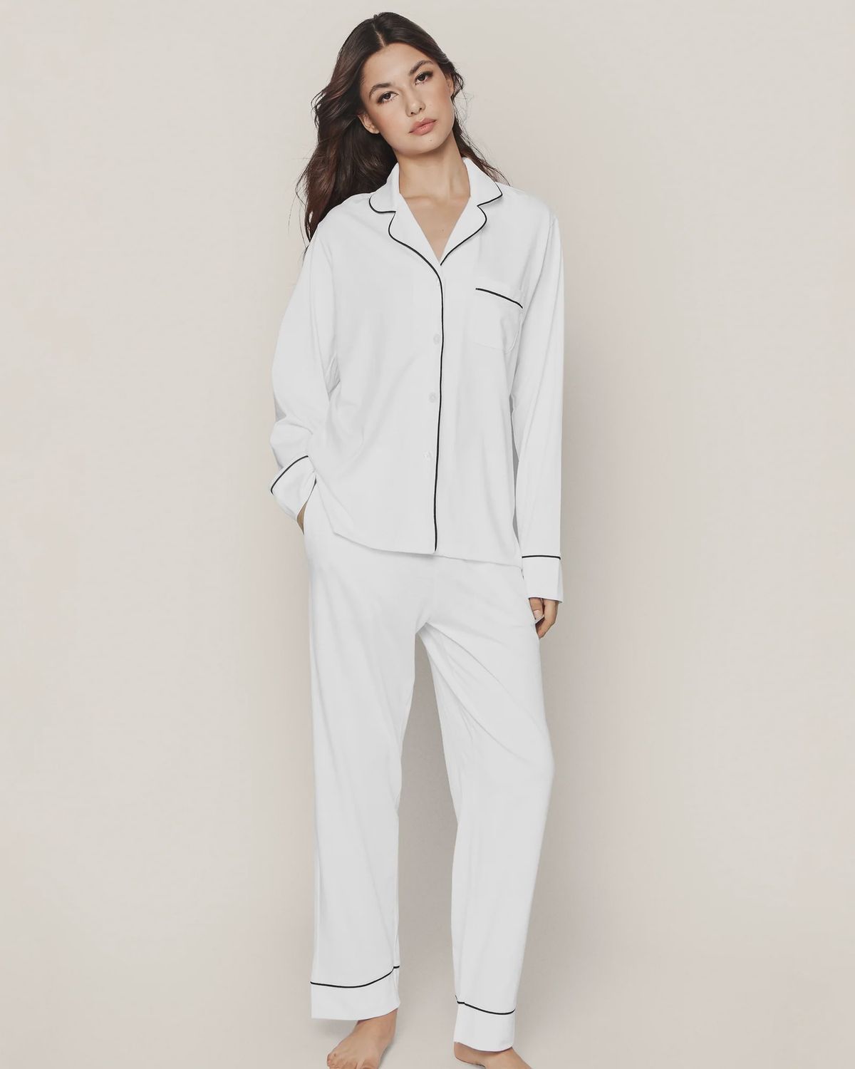 Pima Pajama Set in White with Navy Piping