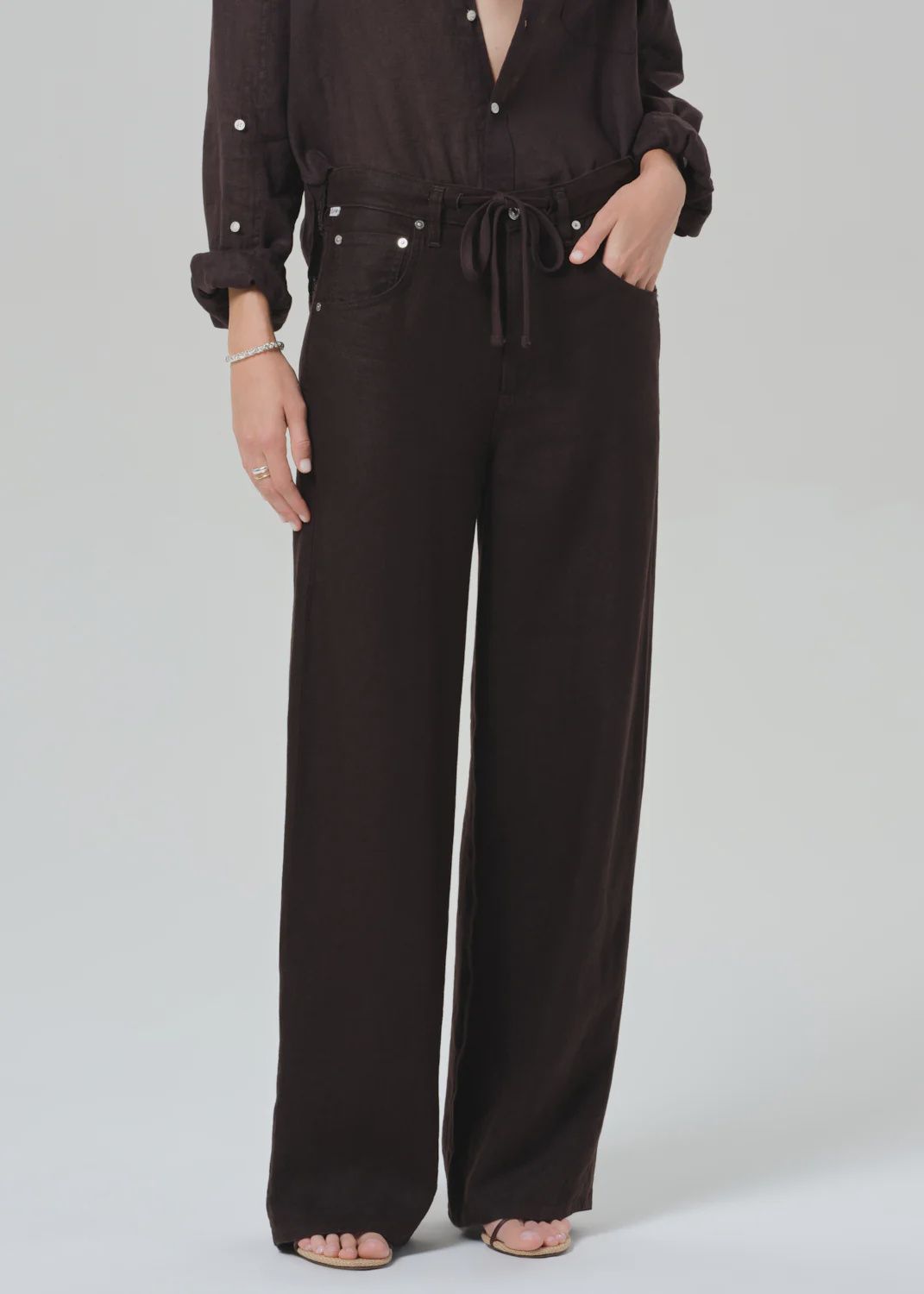 Brynn Drawstring Linen Trouser in Chocolate