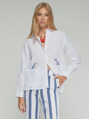 Linen Embroidered Fish Shirt