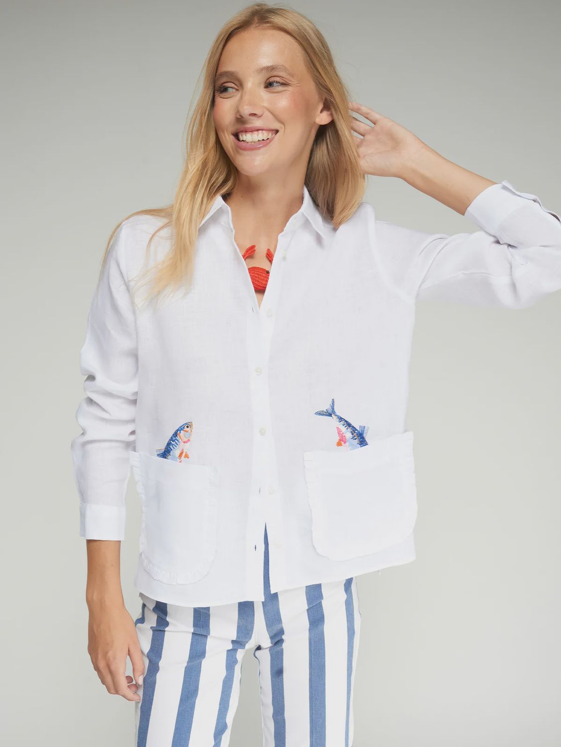 Linen Embroidered Fish Shirt