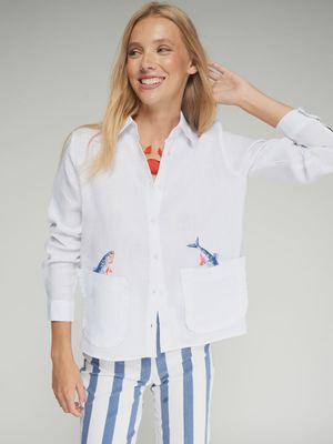Linen Embroidered Fish Shirt