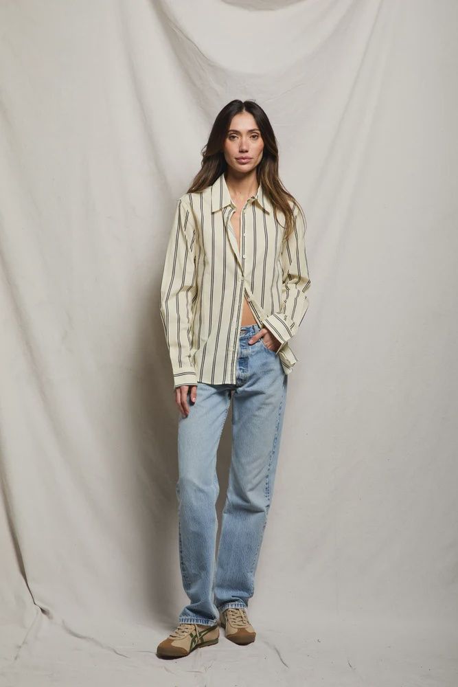 Gisele Poplin Button Up in Sugar Navy Stripe