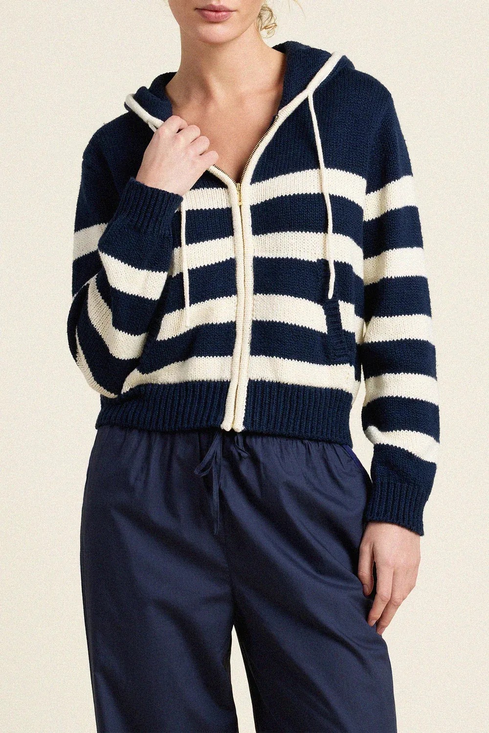 Rafa Zip-Up Hoodie in Navy Antique White Stripe