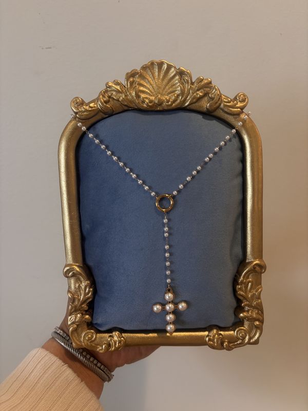 Lariat pearl cross necklace