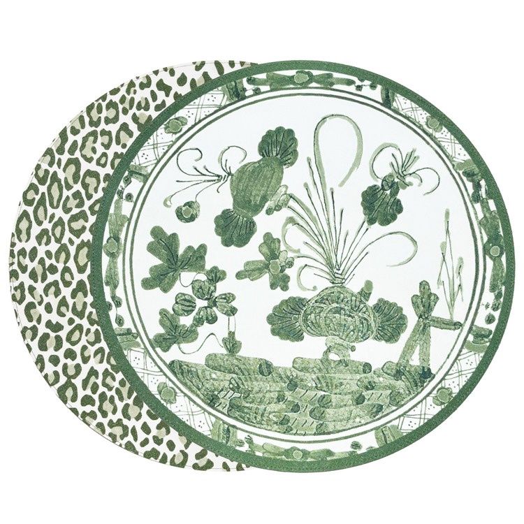 VIDA Faenza and Leopard Reversible Round Placemats Set of 4 (White &amp; Green)