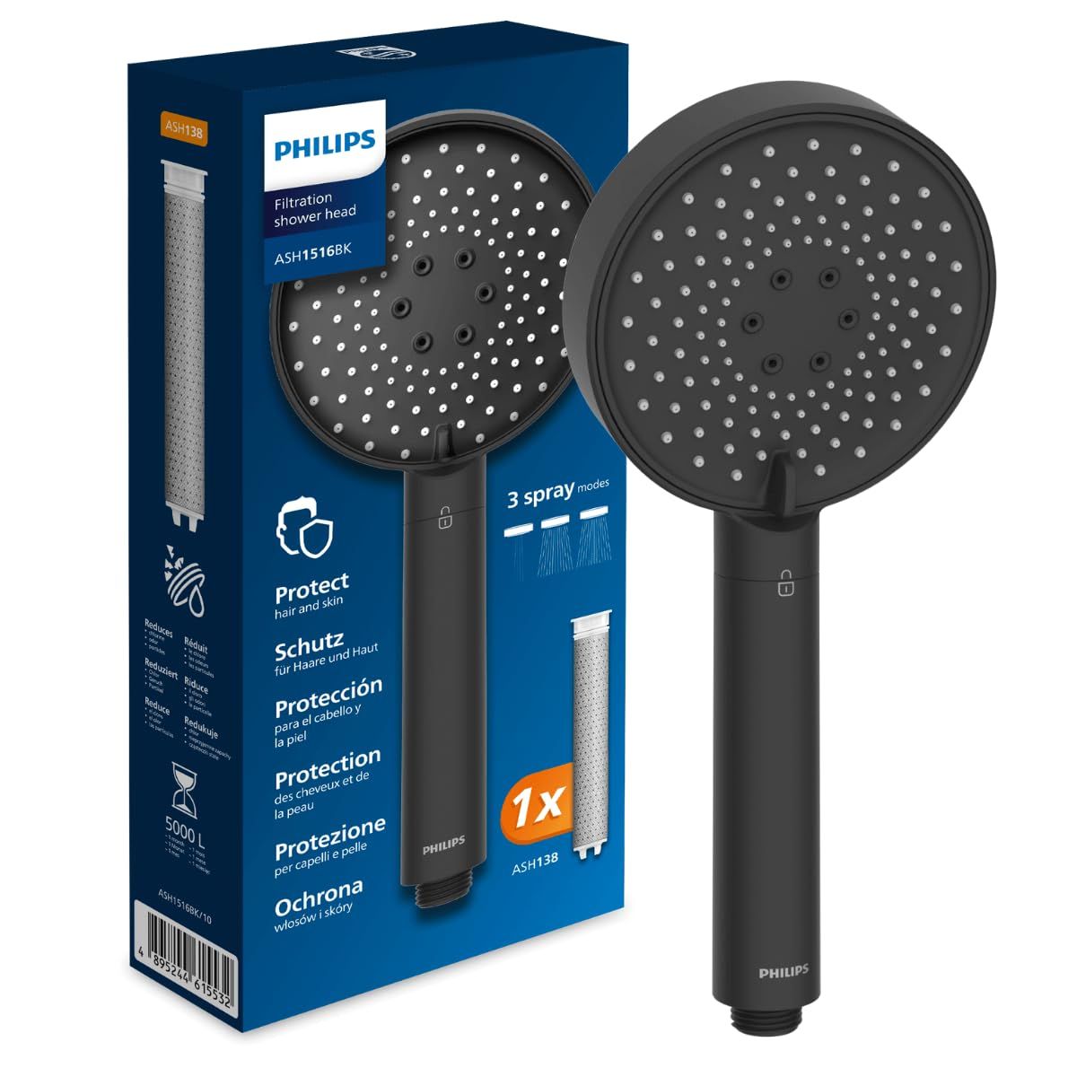Philips Water ASH1516 Filtration Showerhead, Protection for Hair &amp; Skin, Effectively removes Chlori…