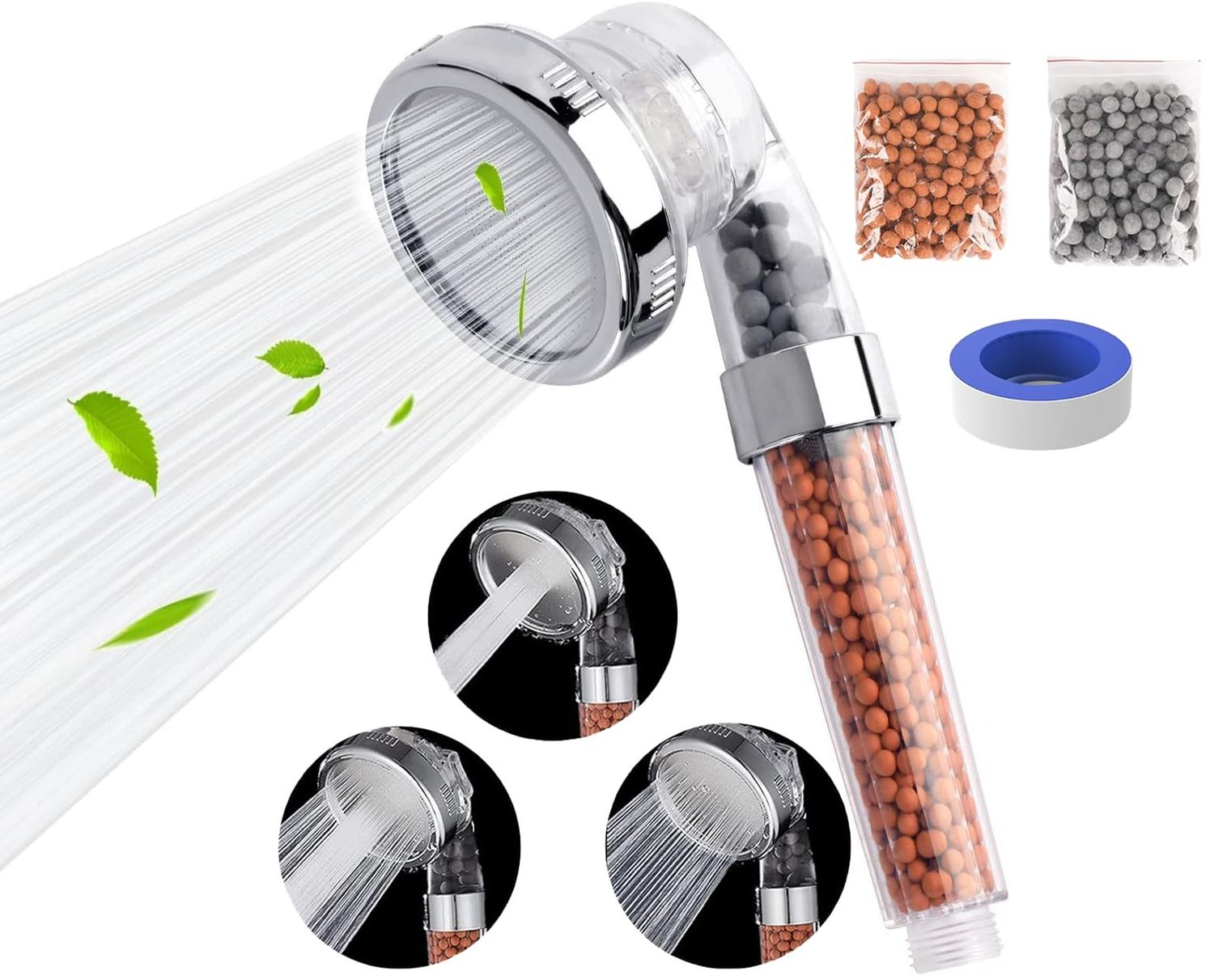 CLOUDFOUR Filtered Shower Head, High Pressure 3 Modes Water Saving Ionic Shower Head Mineral Beads …