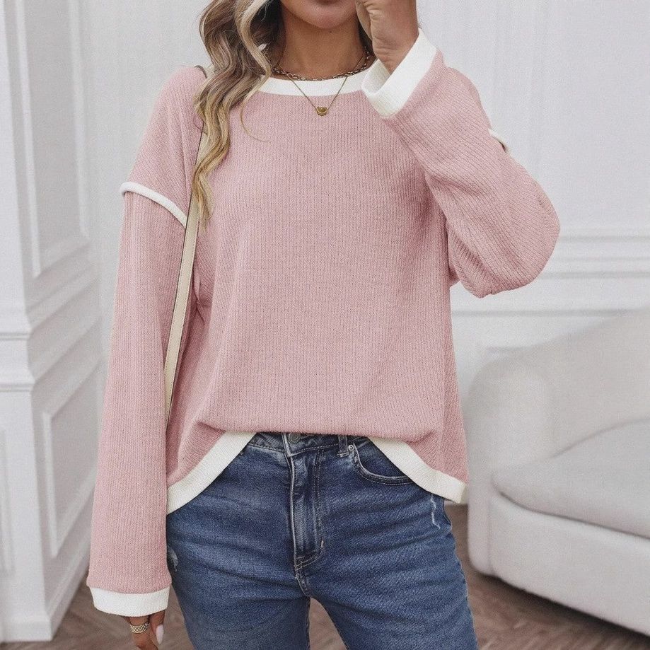 MD5020-10-L Color Crewneck Knit Look Long Sleeve Pink