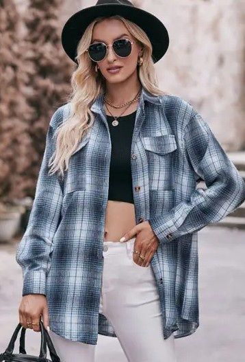 MD6803-BL-S Lovesoft Womens Casual Fashion Oversized Loose Plaid Shirt Polyester Blue