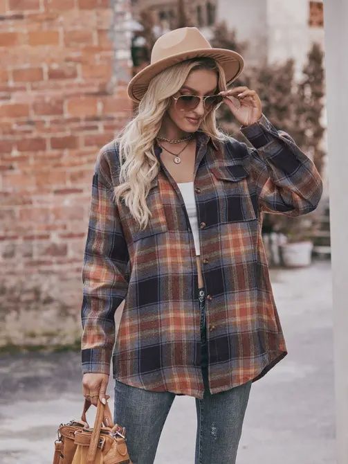 MD6803-KH-L Lovesoft Womens Casual Fashion Oversized Loose Plaid Shirt Khaki