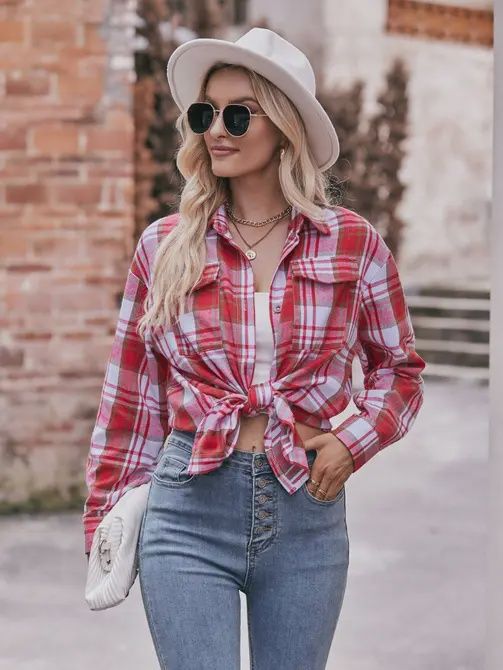 MD6803-RD-XL Casual Fashion Oversized Loose Plaid Shirt- Red