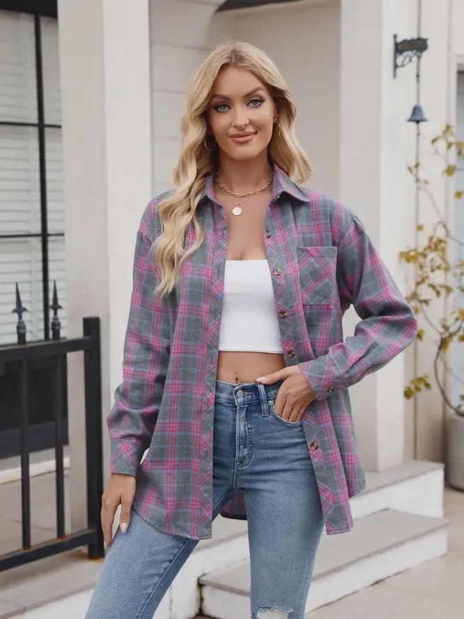 MD7023-PG-S Casual Fashion Oversized Loose Plaid Shirt- Pink/Grey