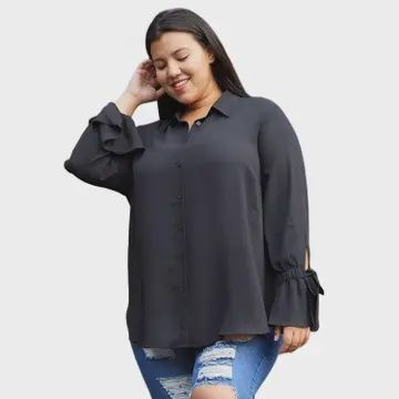 Pleione Plus Size Self-Tie Bell Cuff Button Down Blouse- Black