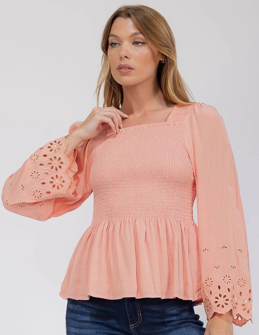 Long Eyelet Sleeve Square Neck Smock Peplum Blouse
