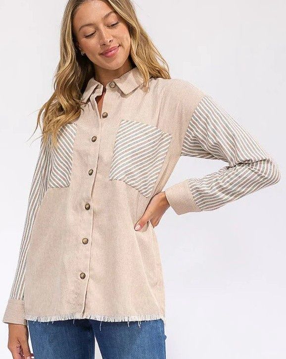 Long Sleeve Button Up Front Pocket Colorblock Corduroy Shacket