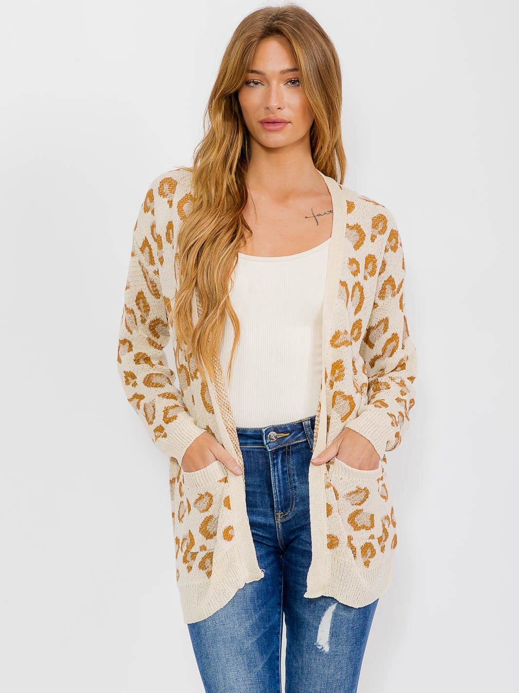 Long Sleeve Open Front Pockets Animal Print Pockets