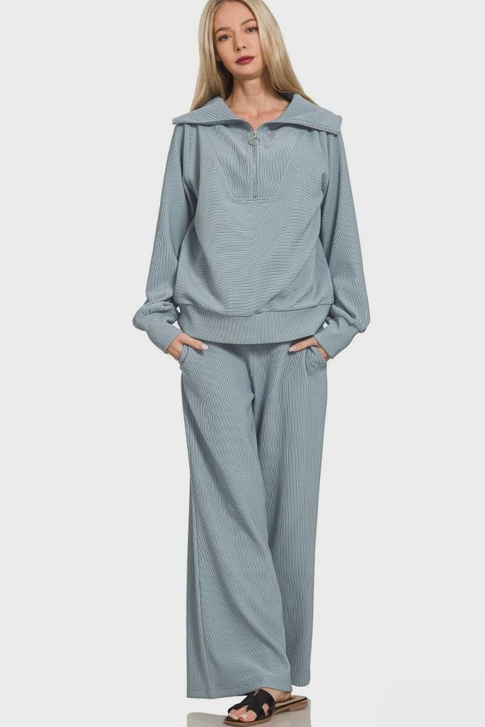 Ribbed High Neck Half Zip Pullover and Pant Set
