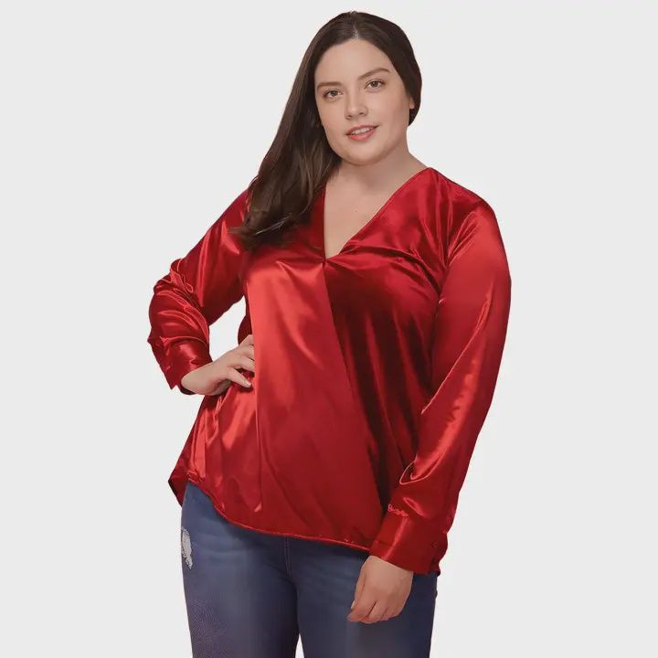 Plus Size Charmeuse Contrast Cross Front Blouse