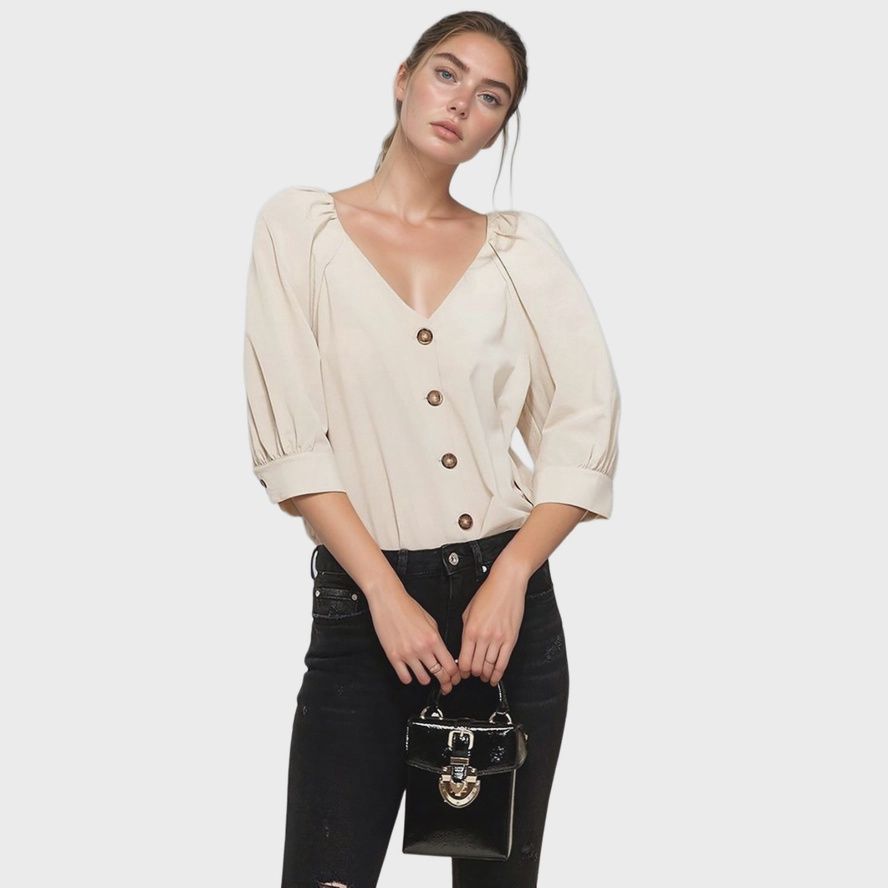 Balloon Shoulder Button Down Blouse