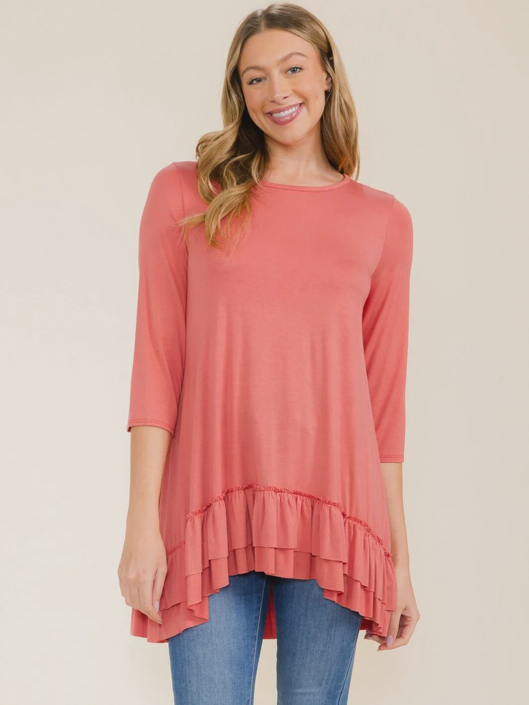 Women's 3/4 Sleeve Ruffle Bottom HemTunic High/Low Top