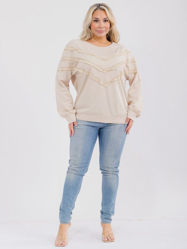 Plus Size Long Sleeve Fringe Detailed Top