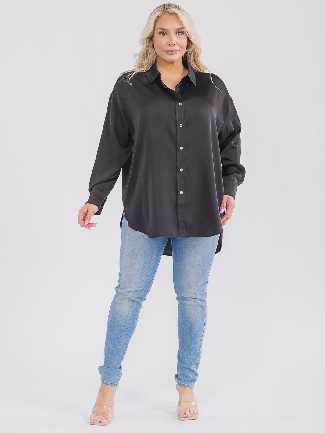 Plus Size Long Sleeve Button Up High-Low Oversized Blouse