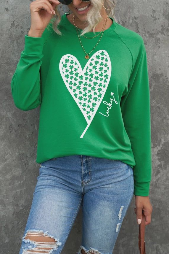 Lucky Clover Heart Graphic Sleeve Sweatshirt