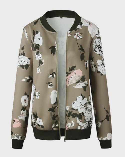 Printed Zip Up Bomber Jacket Olive