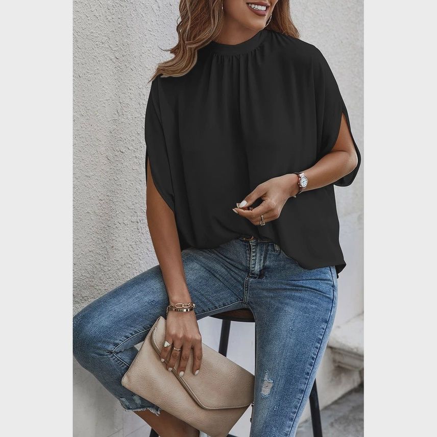 Mock Neck Batwing Sleeve Solid Loose Blouse