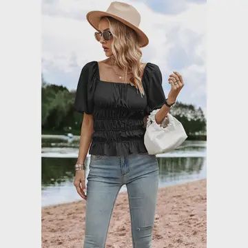 Solid Square Neck Shirred Flounce Sleeve Peplum Blouse