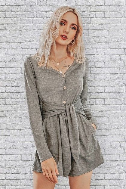 Solid Pocket Tie Waist Button Front Romper