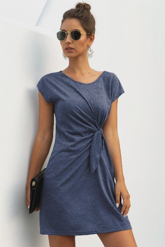 Solid Twist Knot Front Short Sleeve Tee Fit Dress Navy