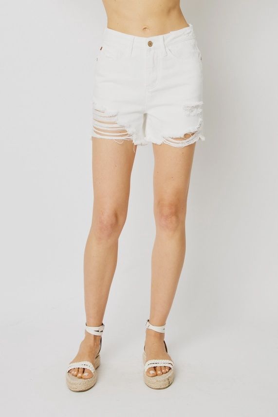Judy Blue White High Waisted Rigid Magic Destroy Shorts - Plus