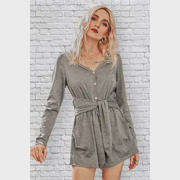 Casual Grey Romper Long Sleeve Tie Waist