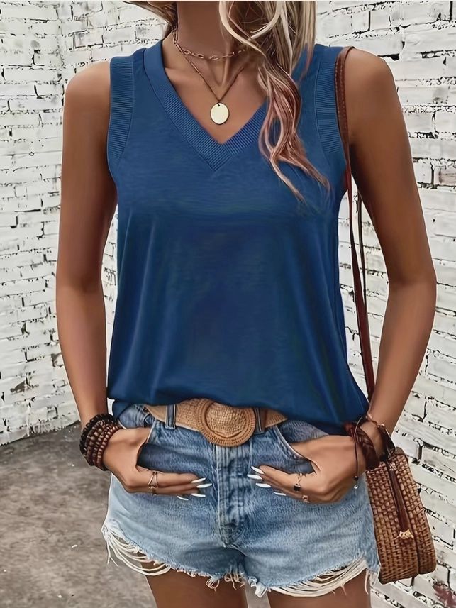 Loose V-Neck Sleeveless Top-Blue