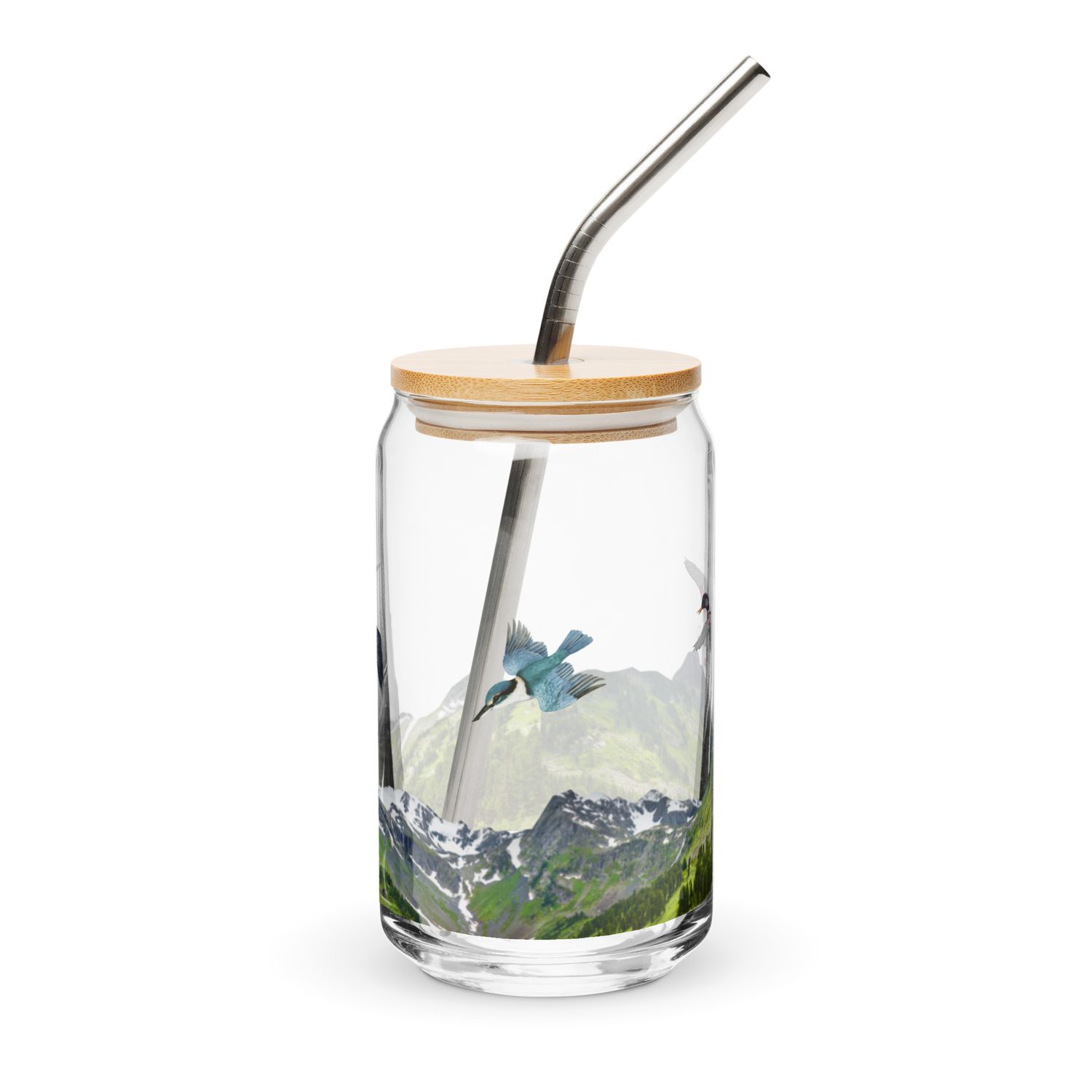 Glas in Dosenform mit Landschaftsmotiv