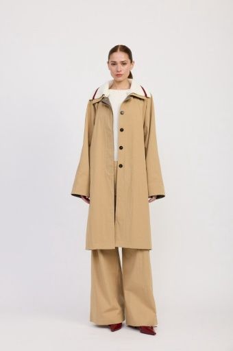 Marleigh Long Car Coat, Colour: Khaki Ivory Burgundy, Size: S