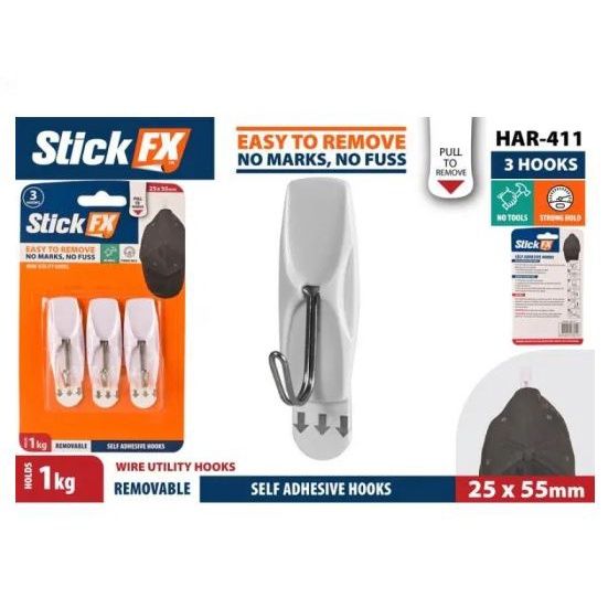 Stick FX 3pce Self-Adhesive Hooks-1kg-Rem-5.5cmH