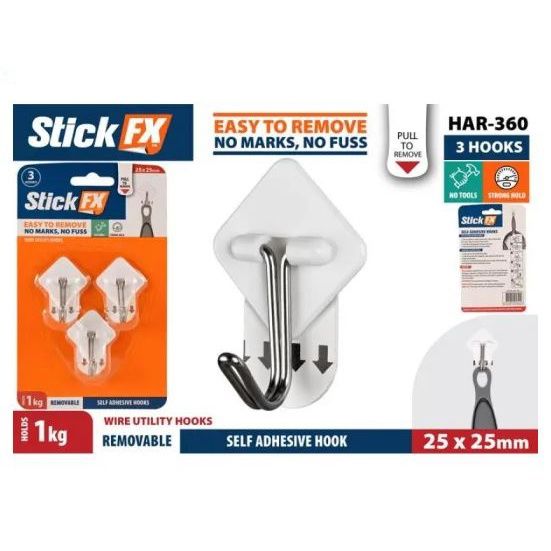 Stick FX 3pce Self Adhesive Hooks 1kg Rem 2.5cmH