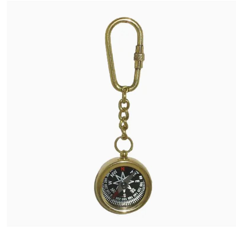 Polished Brass Compass Keychain