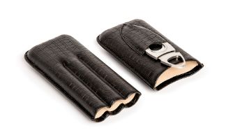 Triple Cigar Holder with Cutter, Color: Black Croc