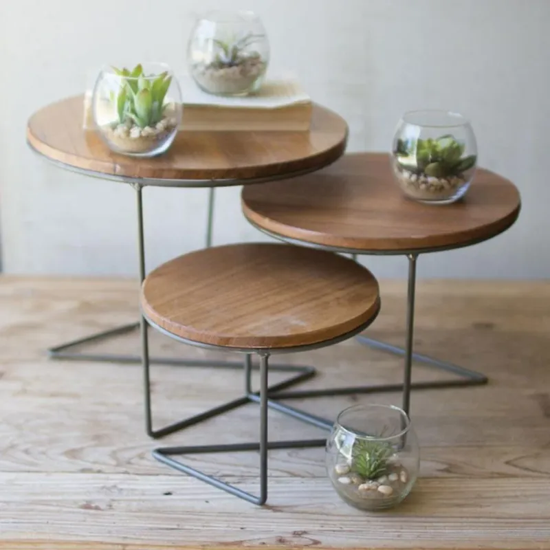 Set Of Three Round Wire Display w/ Wood Tops