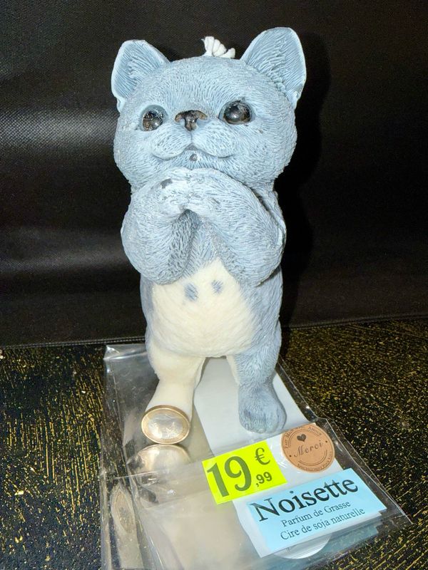 Bougie très grand chat 🐈‍⬛ gris et blanc pailletée ✨ 🕯️ cire de soja végétale