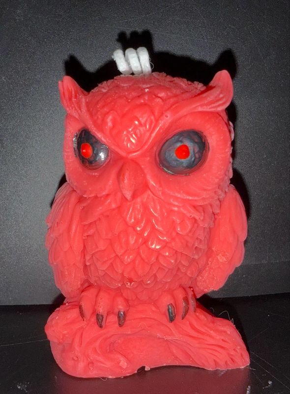 Bougie chouette 🦉 hibou 🦉 rouge yeux noirs et rouges 🕯️ cire de soja végétale