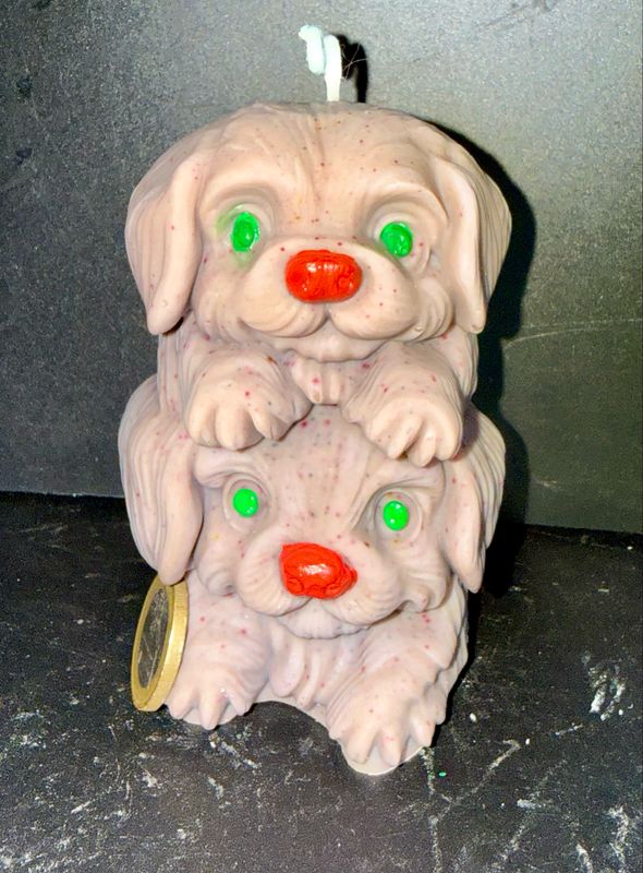 Bougie double chien 🐶 brun yeux verts nez rouge 🕯️ cire de soja végétale